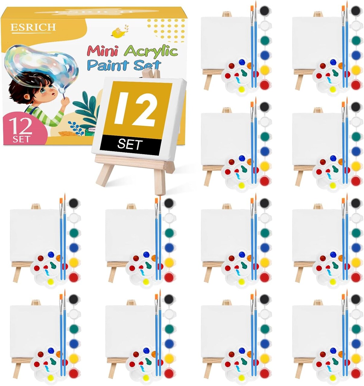 12 Set Mini Acrylic Paint Kit,Minis Stretched Canvas with Easel,Acrylic Paint Strips,Palettes,Painting Brushes, Mini Canvas and Easel Set for Kids Artists Beginner